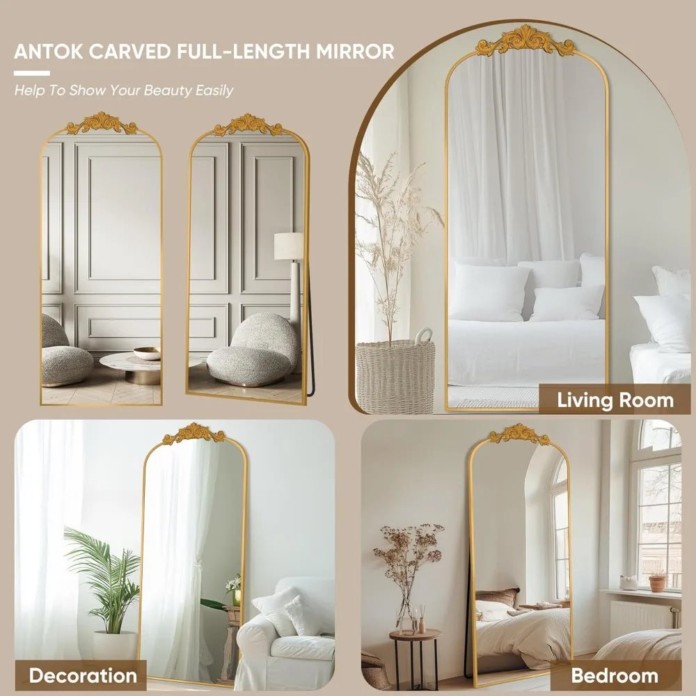 Espelho de comprimento total de chão, moldura de madeira esculpida de 65x24 polegadas, espelho de parede grande para decoração de casa, espelhos de corpo inteiro