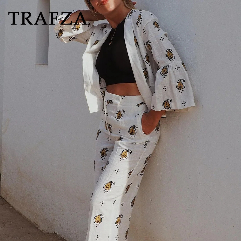 TRAFZA 2024 Spring Summer Casual Women Embroidery Suits Fashion Solid Flare Sleeve Open Stitch Blazers+Mid Waist Wide Leg Pants