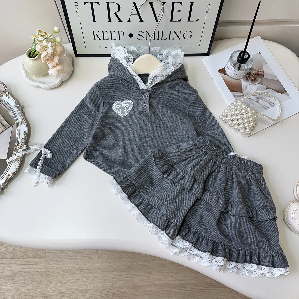 Girls' Sweater Set 2025 Spring And Autumn New Lace Splicing Hooded Top+ Cake Skirt Fashion Girl's Two-piece Set