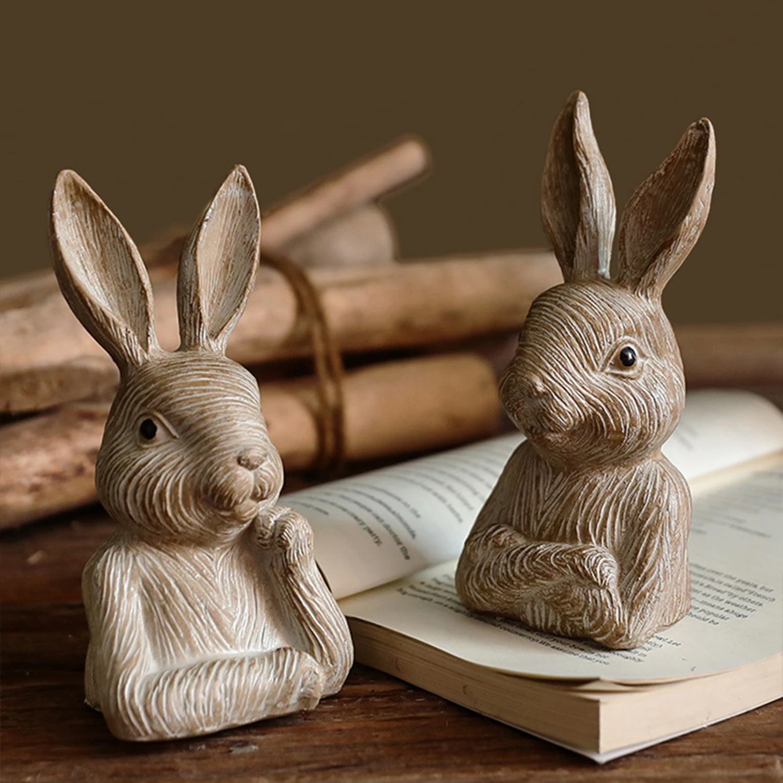 Rabbit Figurine 2 Piece Collectible Bunny Figurines Ornament Rustic Outdoor Statues for Garden for Easter Home Table Shelf Yard