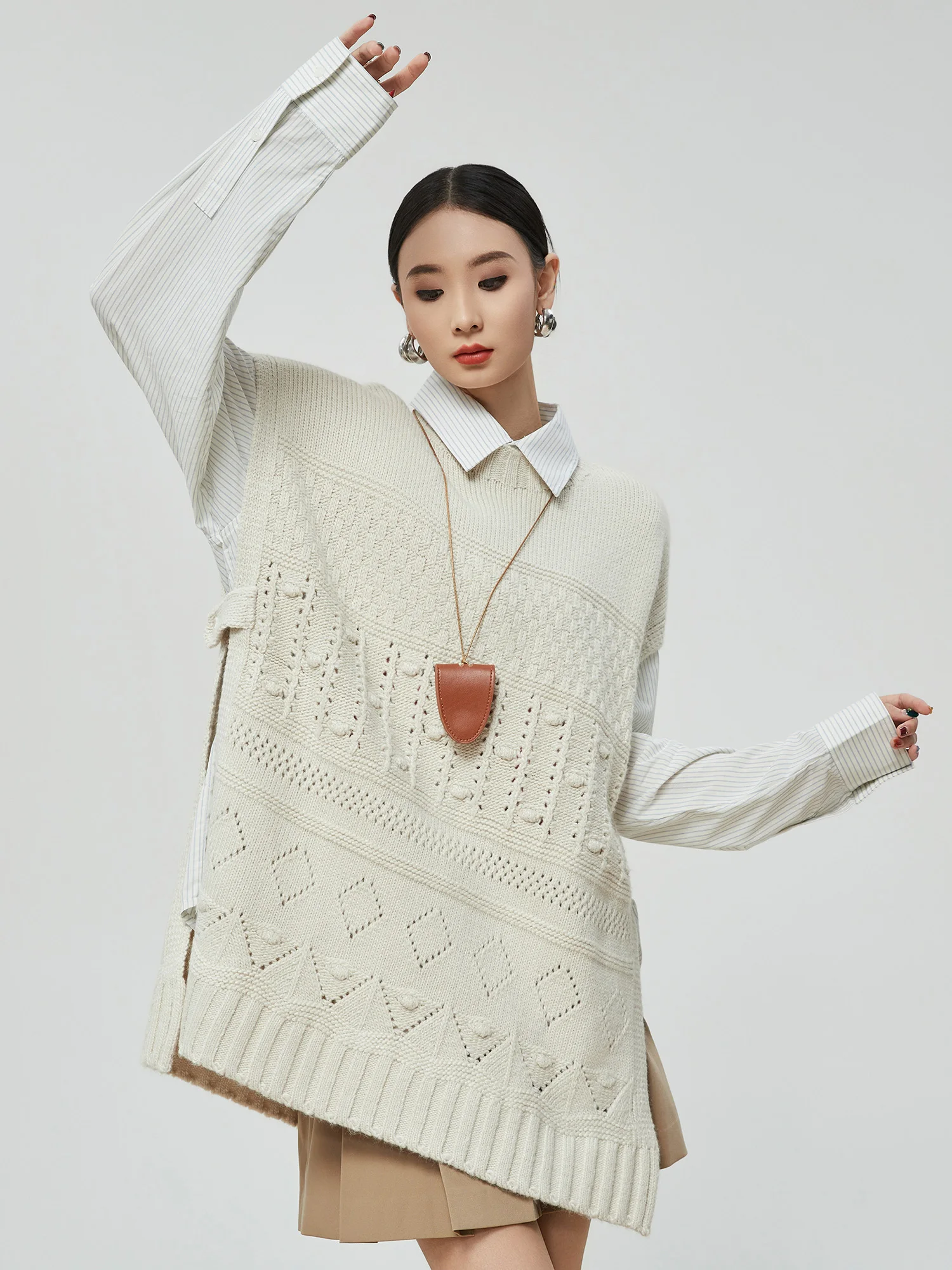 

Молочный цвет, круглый вязаный жилет Ne, полый вязаный жилет, женский ранняя осень, новый свободный многослойный топ для ленивых, irt