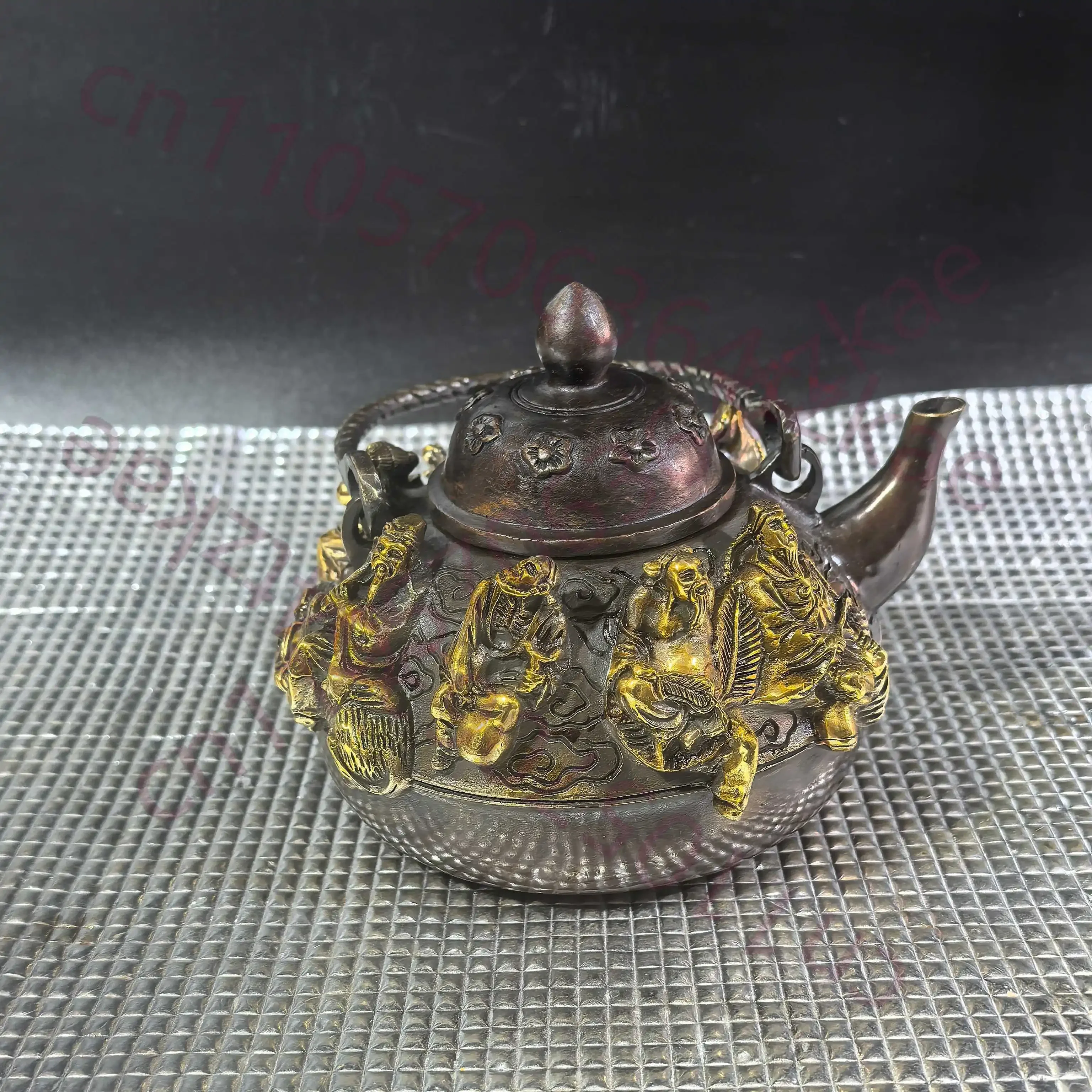 Chinese Folk Collection of Old pure copper teapot with gilded relief of the Eight Immortals wine pot
