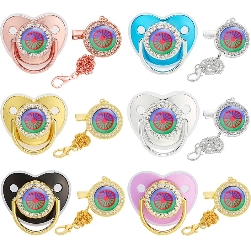 Personalized Flag Baby Luxury Pacifier with Chain Clips Cover Bling Rhinestone BPA Free Silicone Nipple Infant Shower Gifts