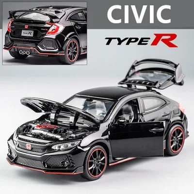 

1:32 HONDA CIVIC TYPE R, модель спортивного автомобиля из сплава, литая под давлением и игрушечный транспорт, металлическая модель автомобиля, коллекция звуков и света, детская игрушка в подарок