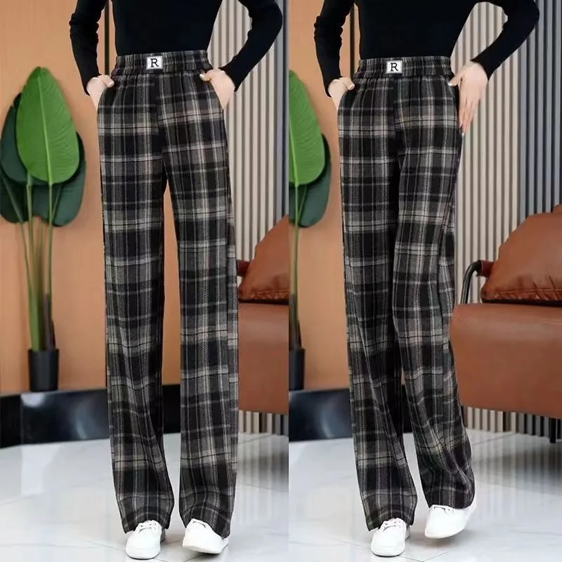 Narrow Version Wide of Leg Plaid Pants Women's Spring Summer Retro British Lace-up Casual High Waist Straight Tube Leg Pants