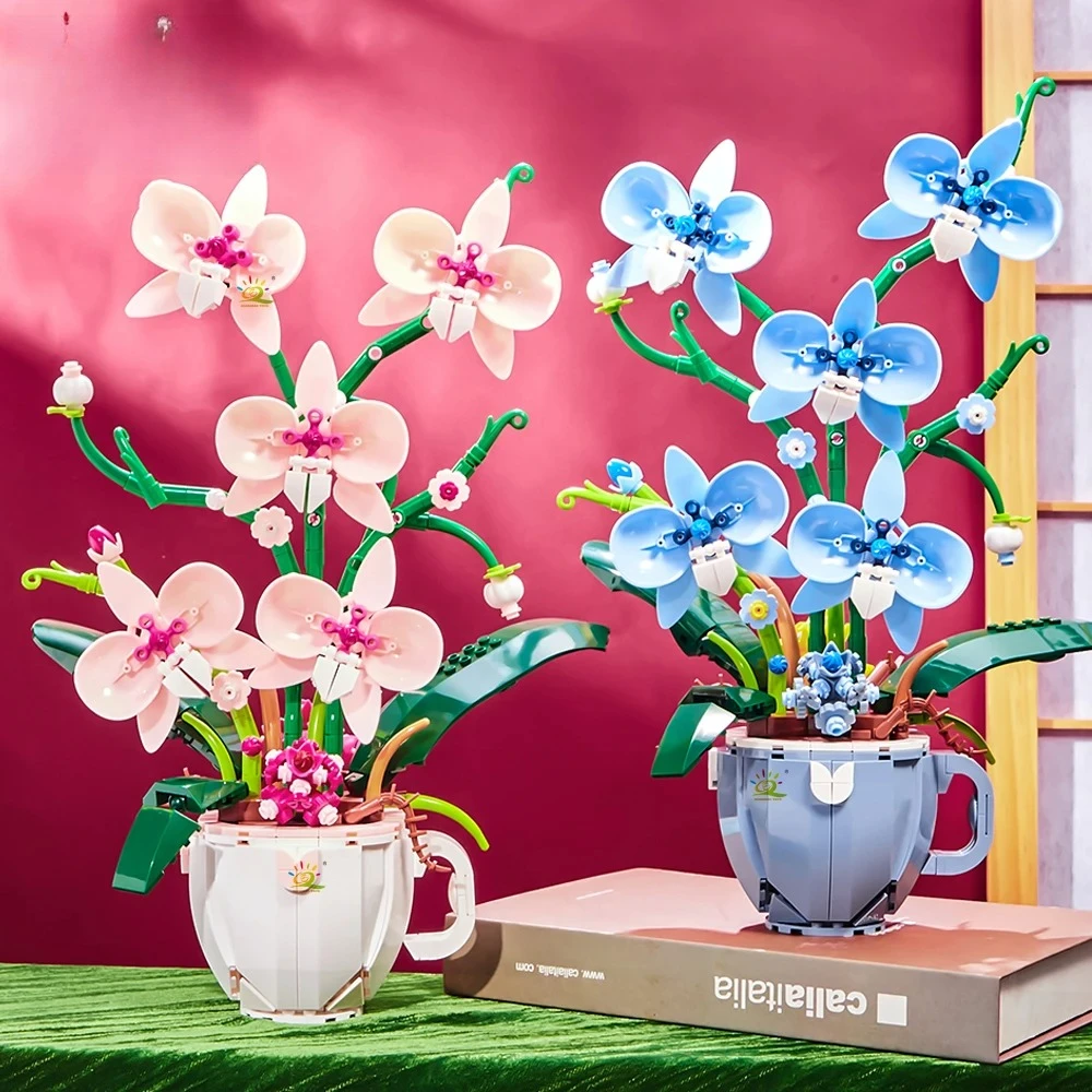 

Flower Orchid Coffee Cup Potted Building Blocks 3D Bouquet MOC Bricks Construction Toys DIY Home Desk Plant Decoration