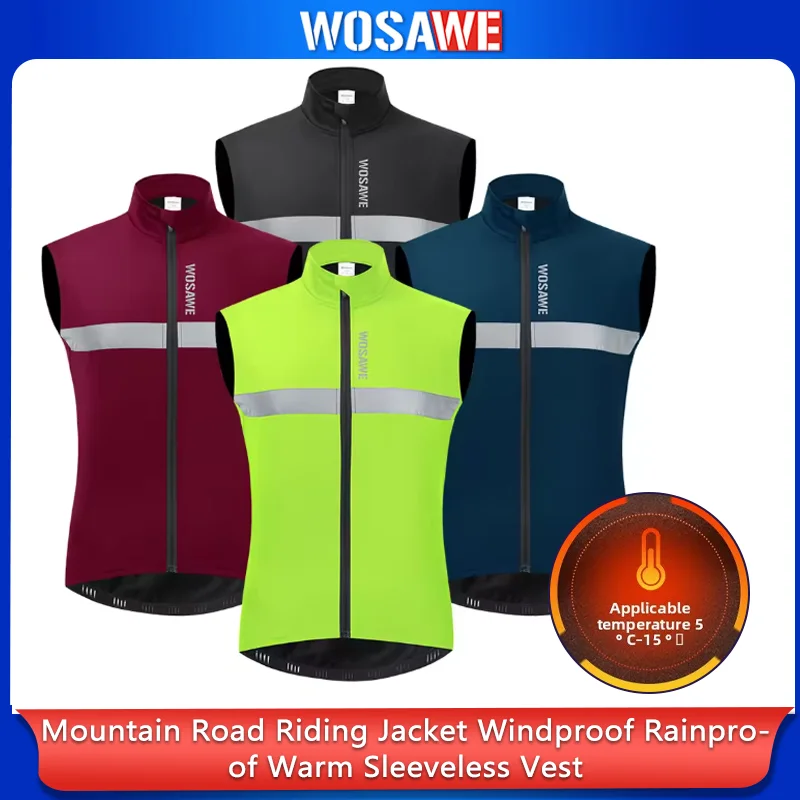 WOSAWE Men Cycling Vest Winter Warm Windproof Water Repellent Sleeveless Jacket Reflective MTB Bike Riding Windbreaker
