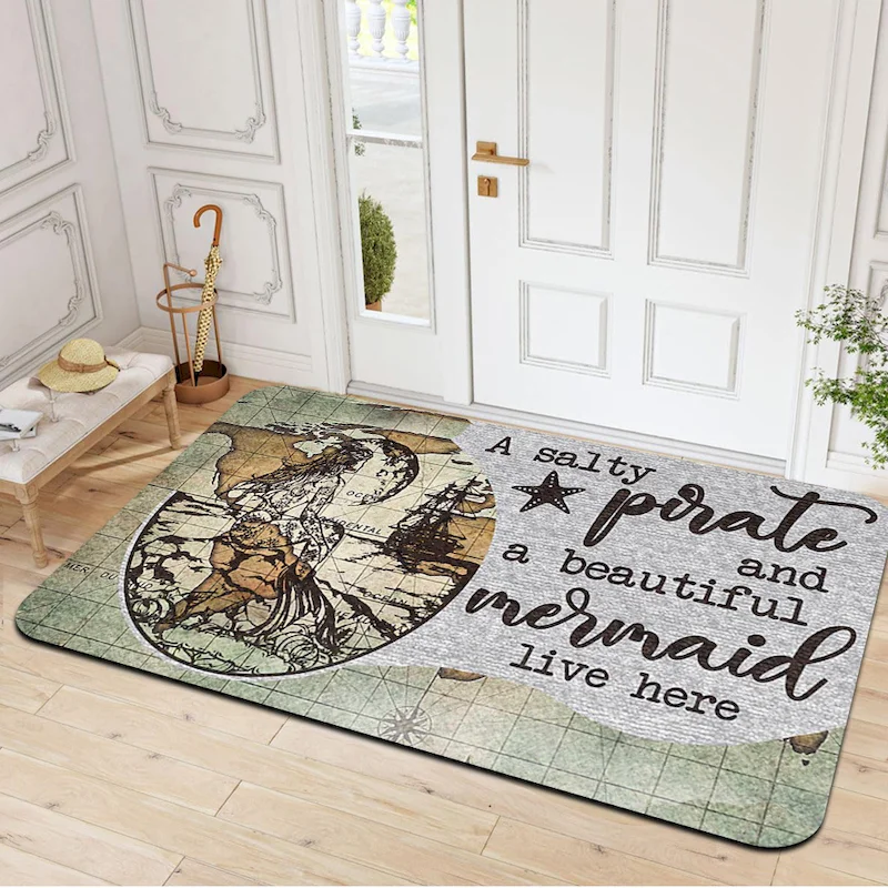 VIKAMA Mermaid Quotes Door Mat Retro Navigation Map Entrance Carpet Anti slip Water absorbing Carpet Home Decoration