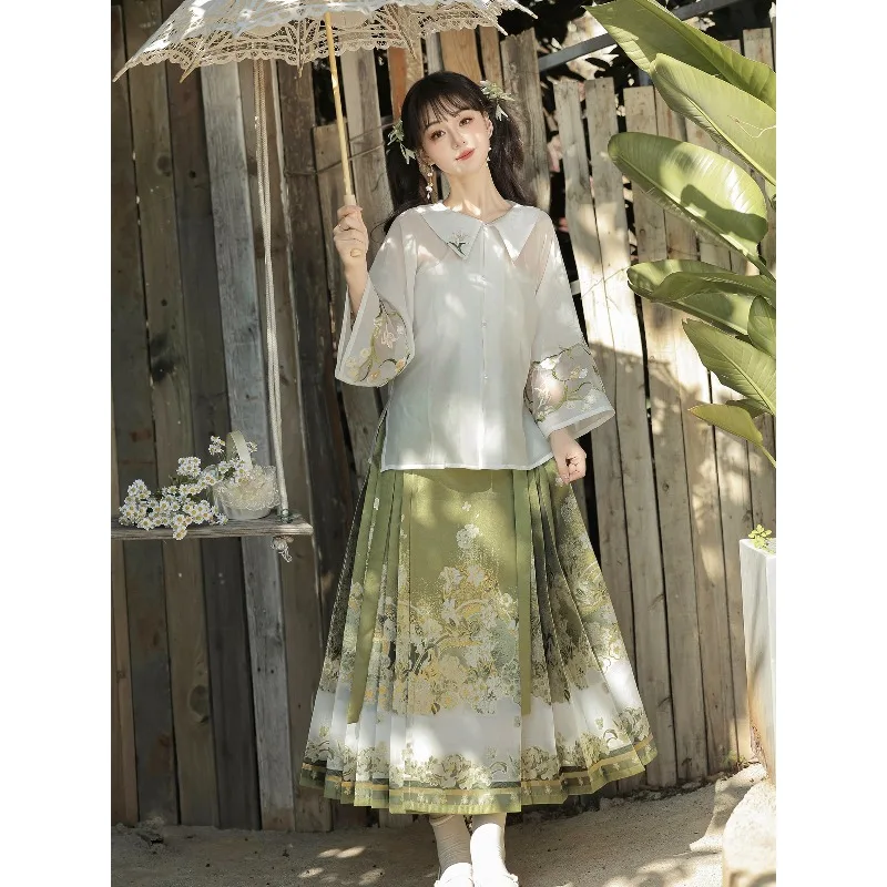 Spring Summer Fresh Green Improved Ming Style Mamianqun Hanfu Skirt 8/10 Length Neo Chinese Daily Casual Half Skirt