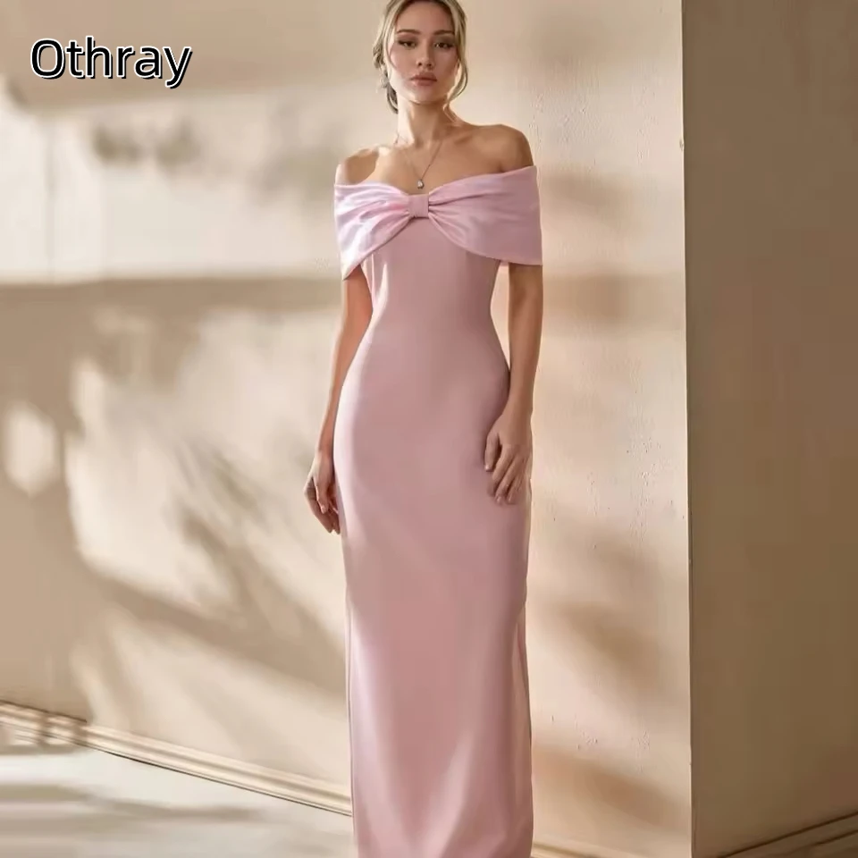 

Elegant Satin Customized Prom Dresses Floor Length Sheath Bow Off Shoulder Formal Evening Dresses Vestido De Novia فساتين سهرات