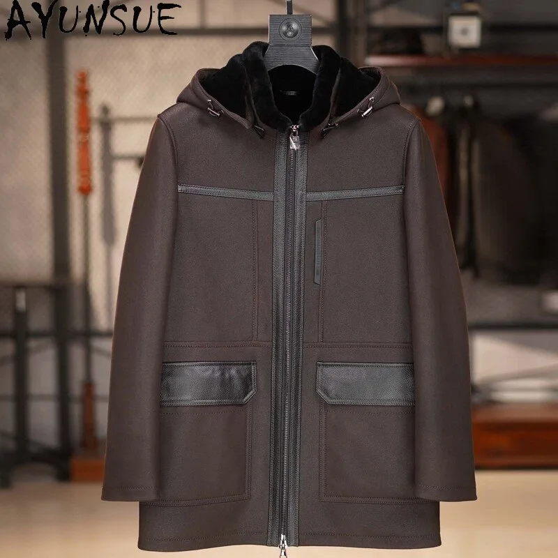AYUNSUE Natural Merino Sheep Shearling Coat Man Warm Hooded Winter 2026 Mid-Length Genuine Sheepskin Real Fur Jacket Outerwear view 2