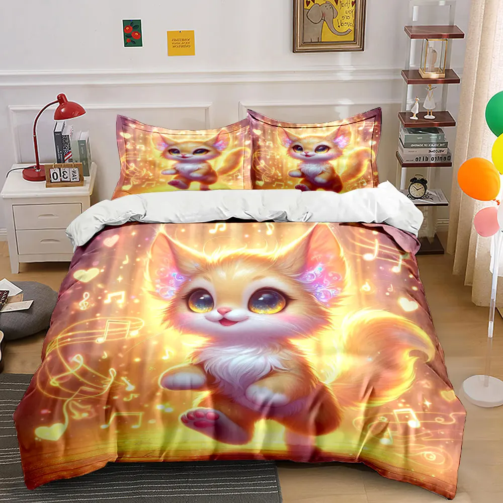 Glowing music and dancing cute cat Print Bedding Set 1 Duvet Cover 2 Pillowcases for Adult and Children Luxury Gift Full Size