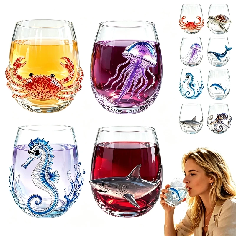 Artisanal Blue Ringed Octopus Glassware 3D Ocean Fantasy Embossed Wine Glass Marine Animal Bar Glass Gift For Ocean Lovers