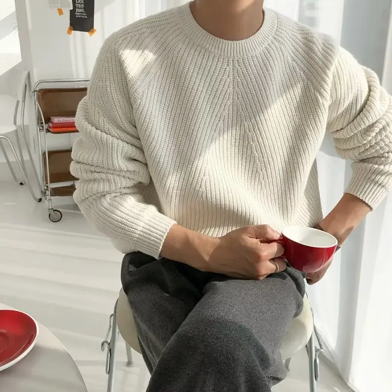 Autumn and winter new solid color sweater men's couple versatile crew neck pullover loose knitted sweater jacket