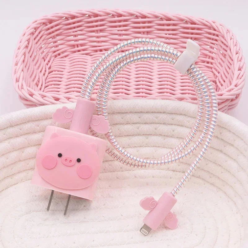 Y2K Cute 3D Pink Pig + Pig Storage Bag Charger Cover For IPhone 12 13 14 18/20W Silicone Charge Correa Protection Cover Sleeve