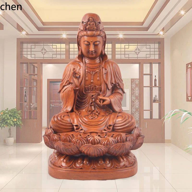 CZ Sitting Guanyin Resin Craft Decorative Ornament Antique-Style Imitation Wood Chinese Decoration