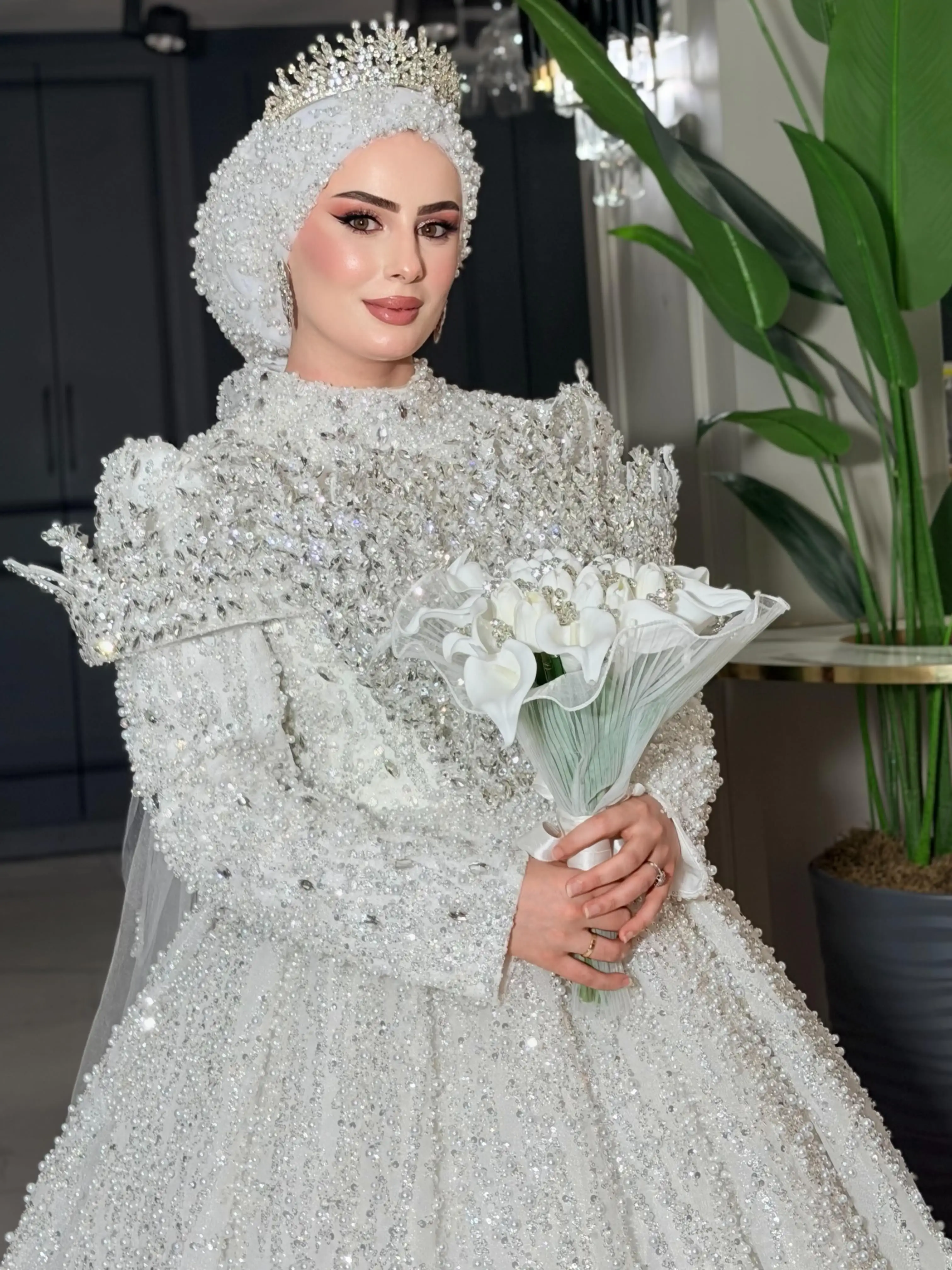 White Muslim Puffy Evening Dresses Full Sleeves A Line Wedding Bridal Party Dress Turtle Neck Dubai Arabia Long Prom Gowns 2026