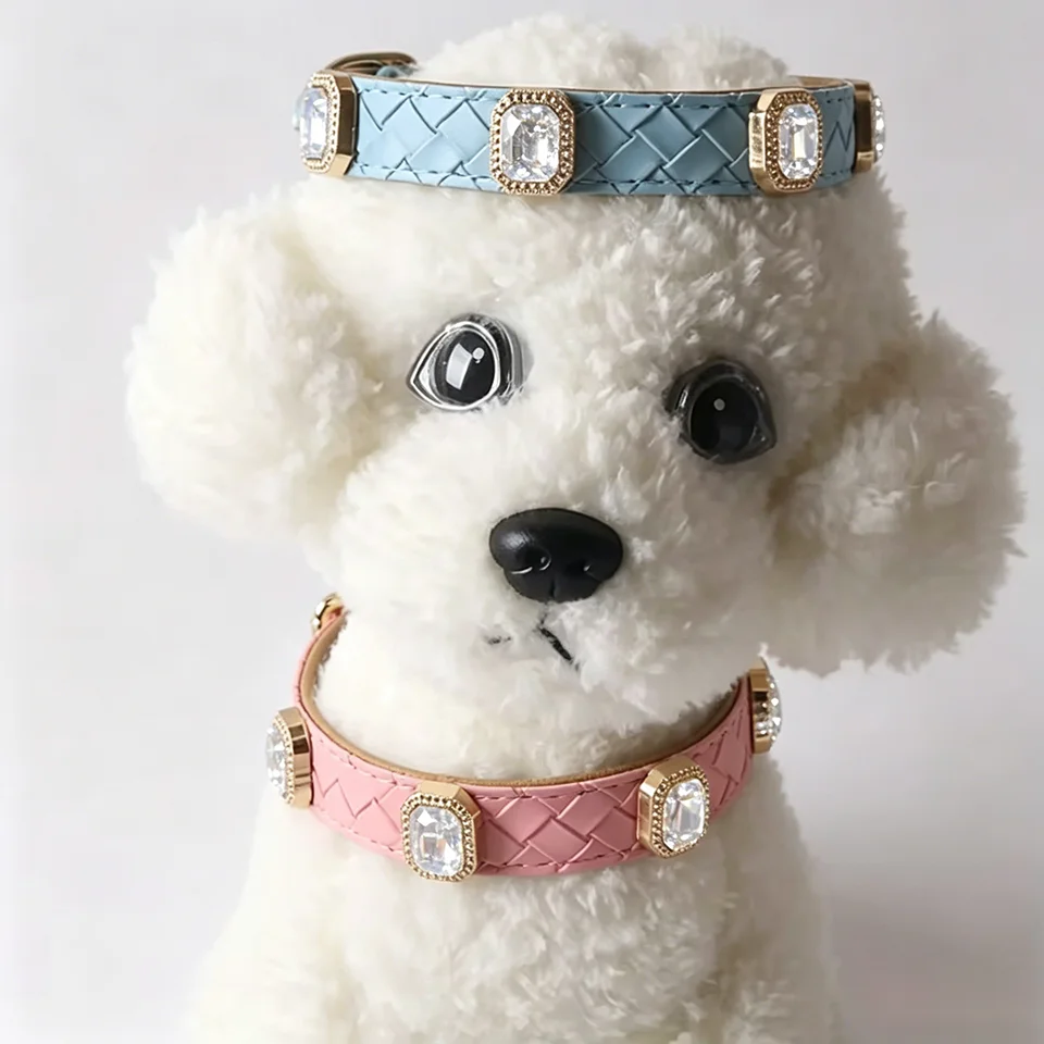 Luxury Clear Crystal Rhinestone Woven PU Leather Puppy Collar Set Adjustable Metal Buckle Small Dog Cat Walking Gear Leash view 3
