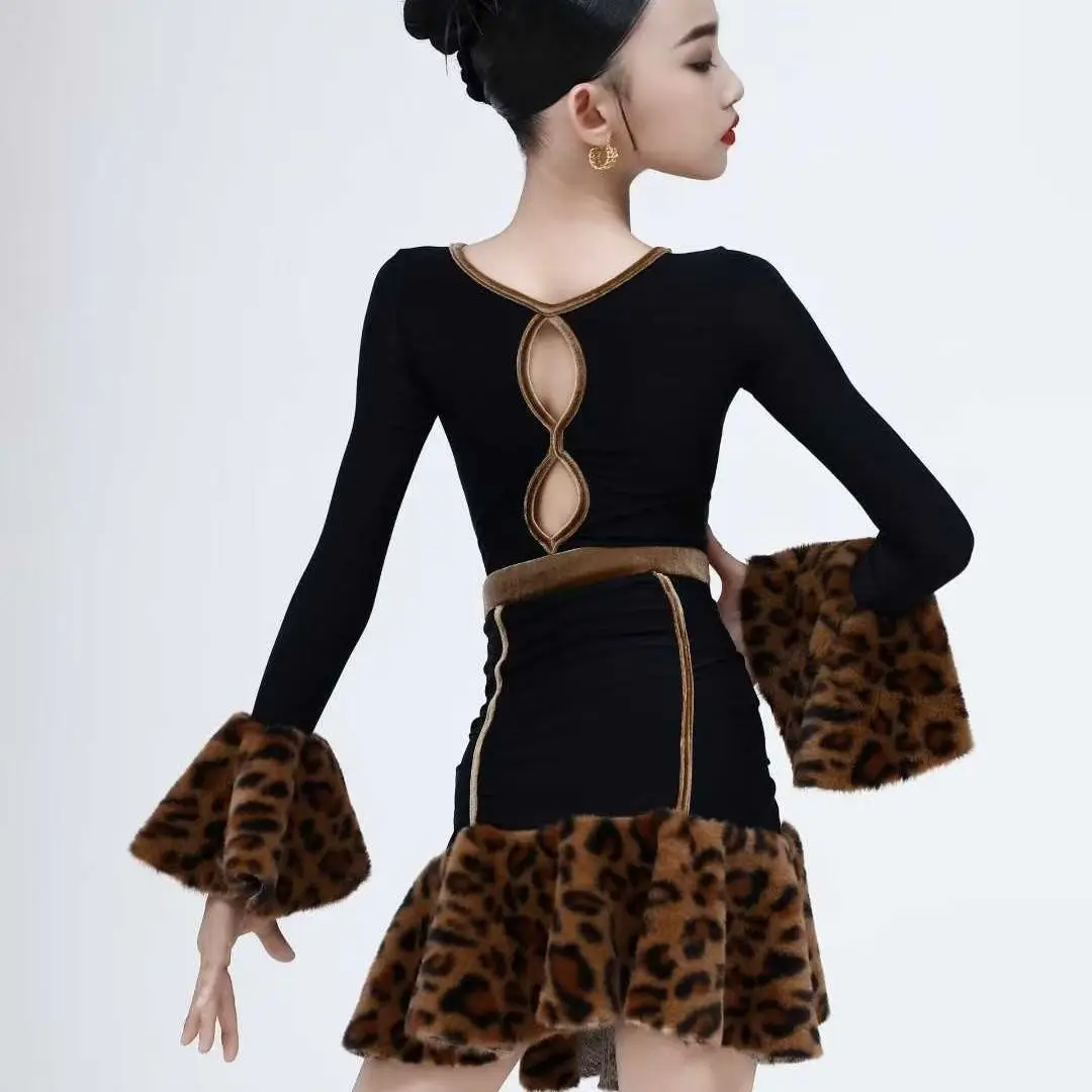 Vestidos de danza del vientre para mujer, retales de leopardo, traje latino, vestido de manga larga para niña, ropa de vendaje de competición para mujer