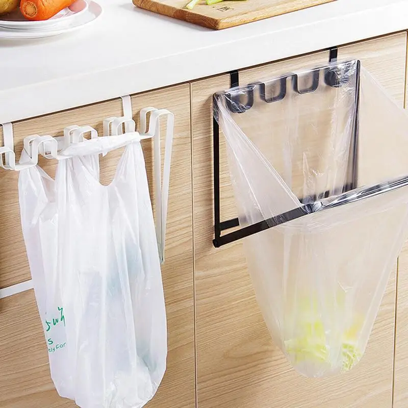 1pc Foldable Sturdy Iron Over Cabinet Door Garbage Bag Organizer Rack Kitchen Metal Trash Bag Holder Hanger Shelf