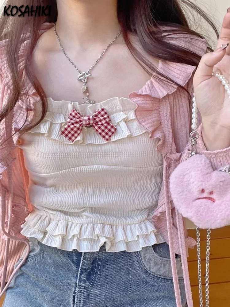 KOSAHIKI Kawaii Candy Color Crop Top Women Japanese Lolita Sweet Tank  Boe Ruffle Short Tee Shirt All Match Cute s Summer