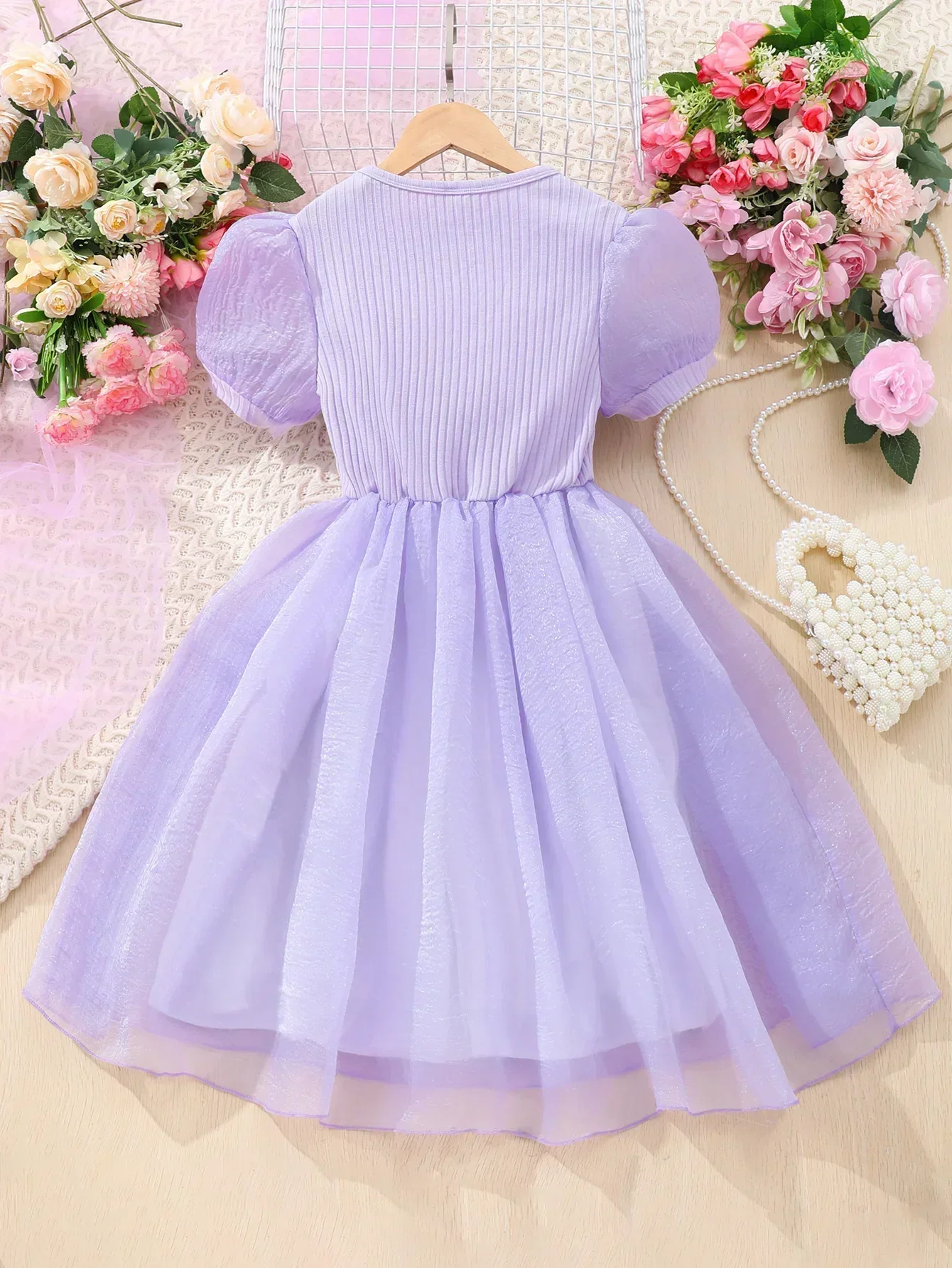 Girls Elegant Dresses Purple Mesh Children Dress Bow Birthday Party Princess Short Sleeve Casual Kids Costume 8-12 Yrs