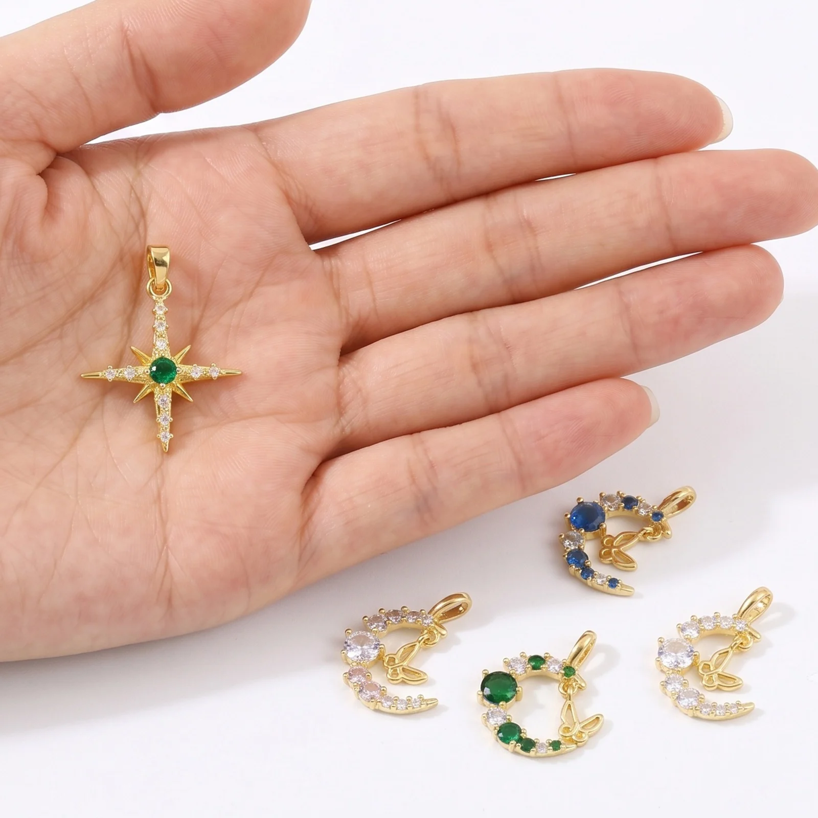 2pcs Galaxy Half Moon Star Cubic Zirconia Pendants 18K Gold Plated Brass Charms DIY Necklace Jewelry Making Findings Wholesale