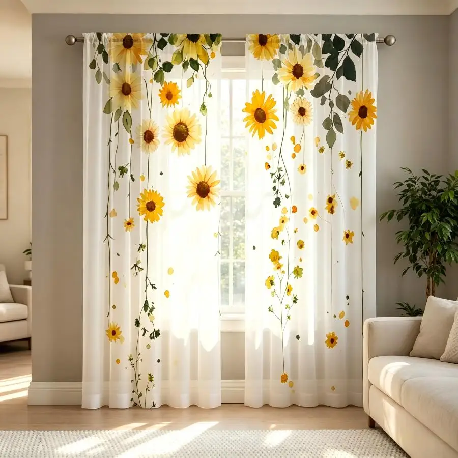 2PCS Digital Print Sheer Curtain, Gray Leaf Sunflower Summer Floral Botanical Window Drapes for Living Room Bedroom Home Decor