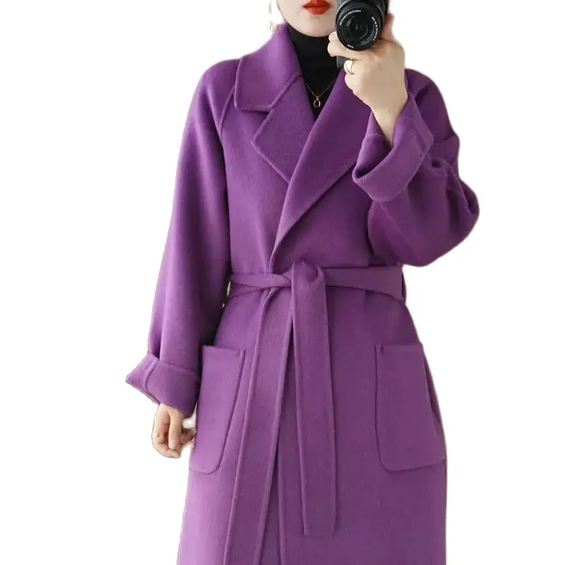 

2024 Autumn/Winter New High end Double sided Cashmere Coat Women's With belt Loose Long Thicken Korean 100% Wool Overcoat Female