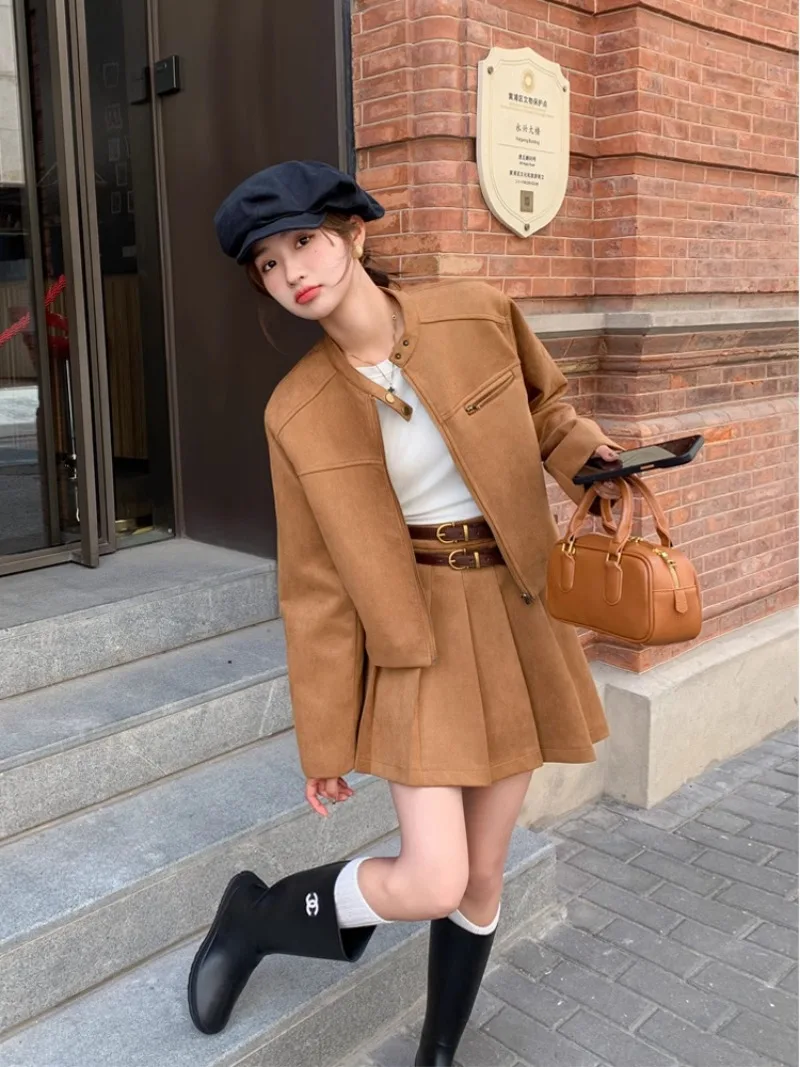 

Korean Retro Deer Fur Jacket Pleated Skirt Two-piece Set Women Stand Collar Motorcycle Cool Sweet Solid Slim Spring Chic Suit