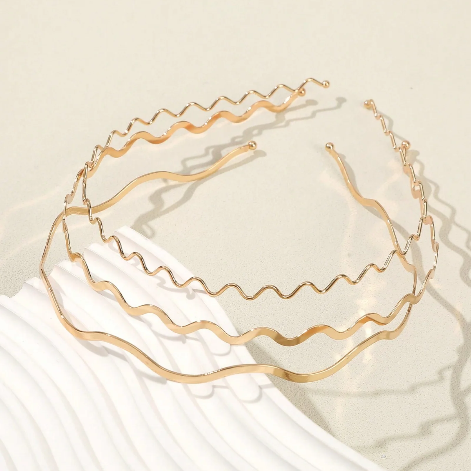 3PCS Women's Metal Gold Thin Wave Headbands, Minimalist & Pr