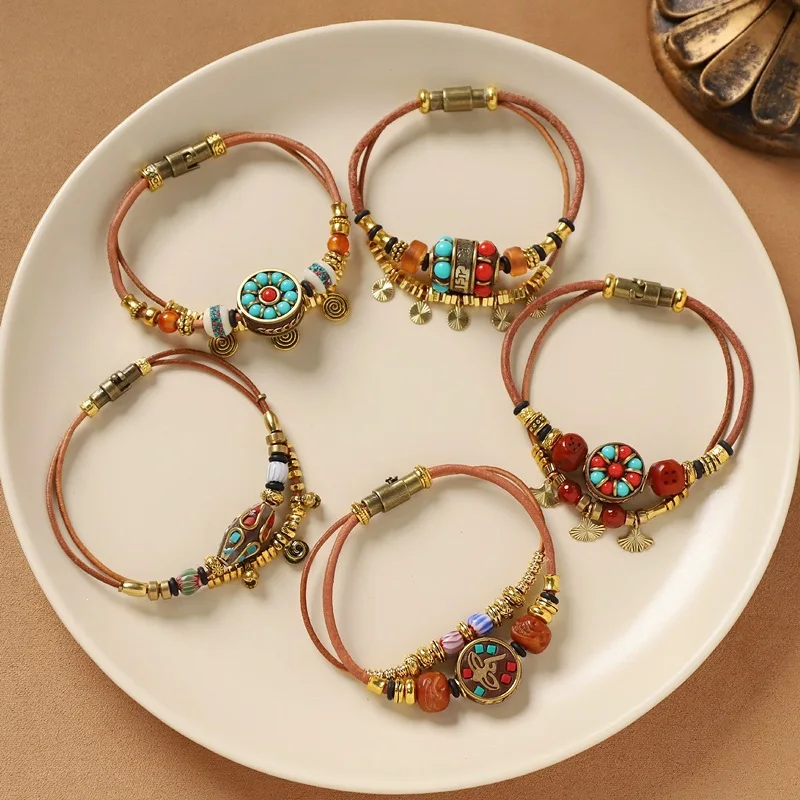

Nepalese Style Double-layer Leather BraceletS for Men Women Tibet Exotic Charm Handmade Bead Accessory Magnetic Snap Fastener