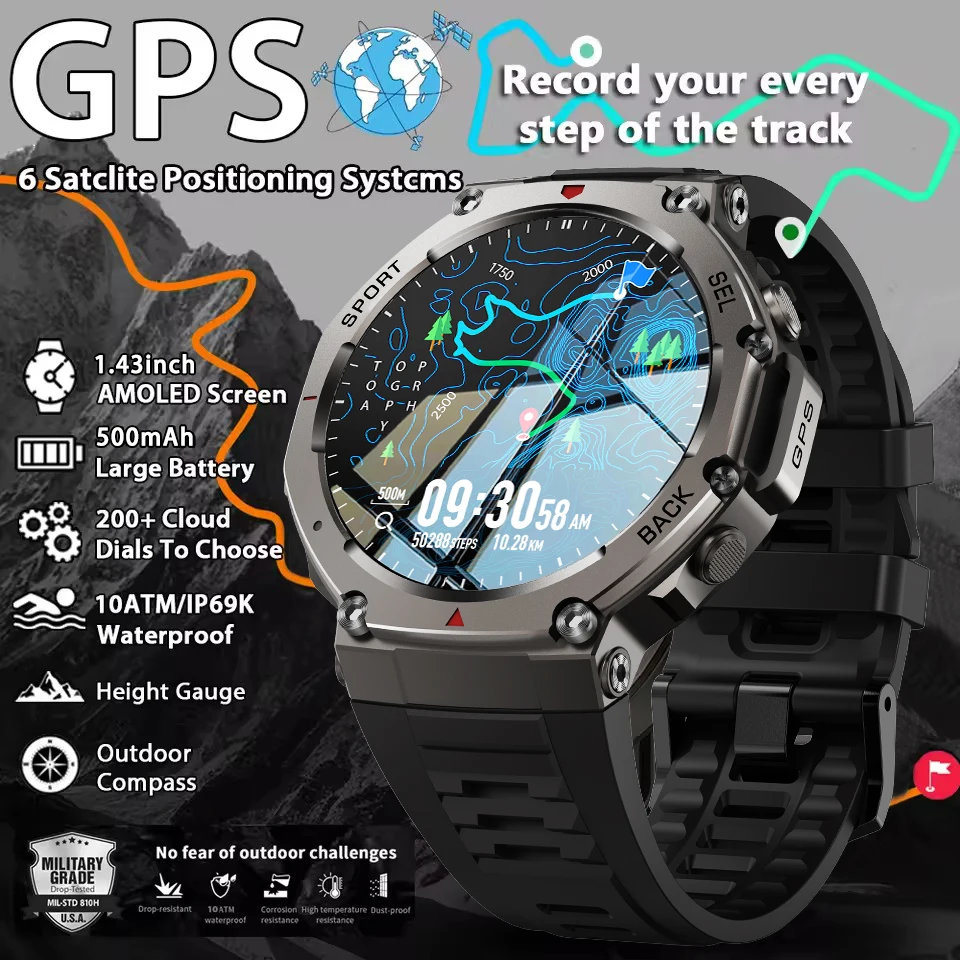 

T-Rex3 GPS трек военного класса мужские умные часы альтиметр 10ATM водонепроницаемые 170 + спортивный режим 500 мАч аккумулятор HD BT вызов мужские часы