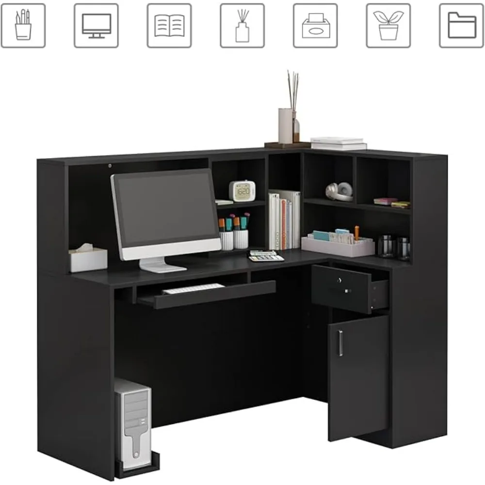 L-Shaped Reception Desk Counter Table with Lockable Drawers & Storage Shelves, Private Workstation for Salon Reception Room