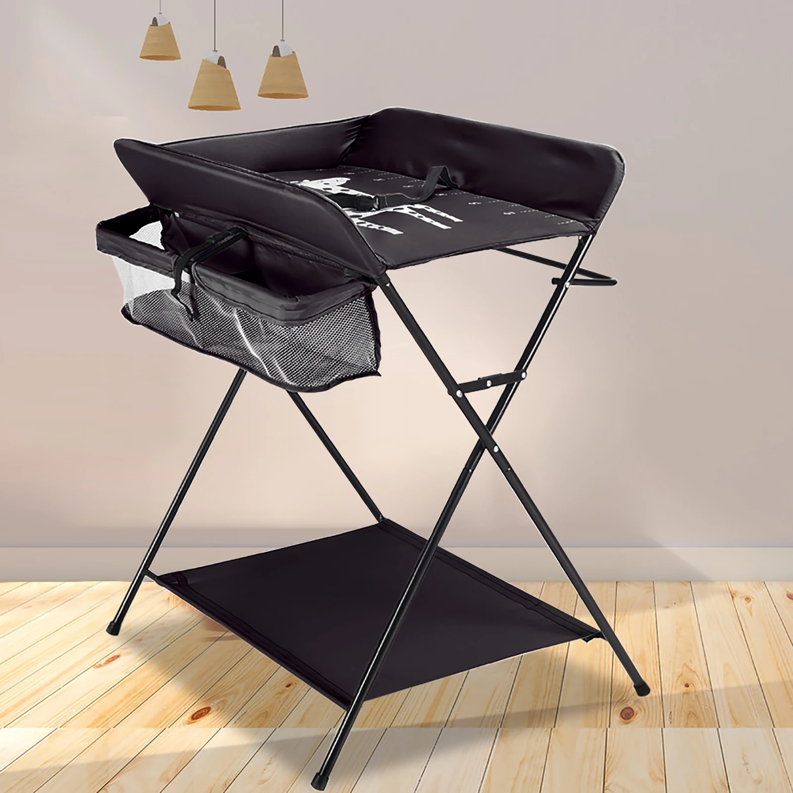 Image of Fasciatoio per bambini Fasciatoio pieghevole con ripiani portaoggetti Cuscino con scaletta in altezza Tavolino grande 80 x 63 cm cod004