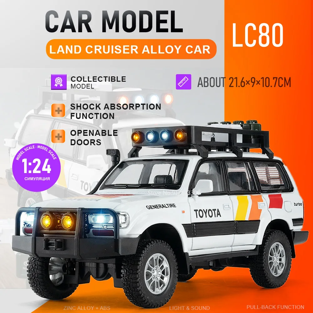 

1:24 Scale Land Cruiser LC80 FJ Car Model Toy Sound Light Pull Back Cars Shock Absorption Front Wheel Steer Models Holiday Gifts