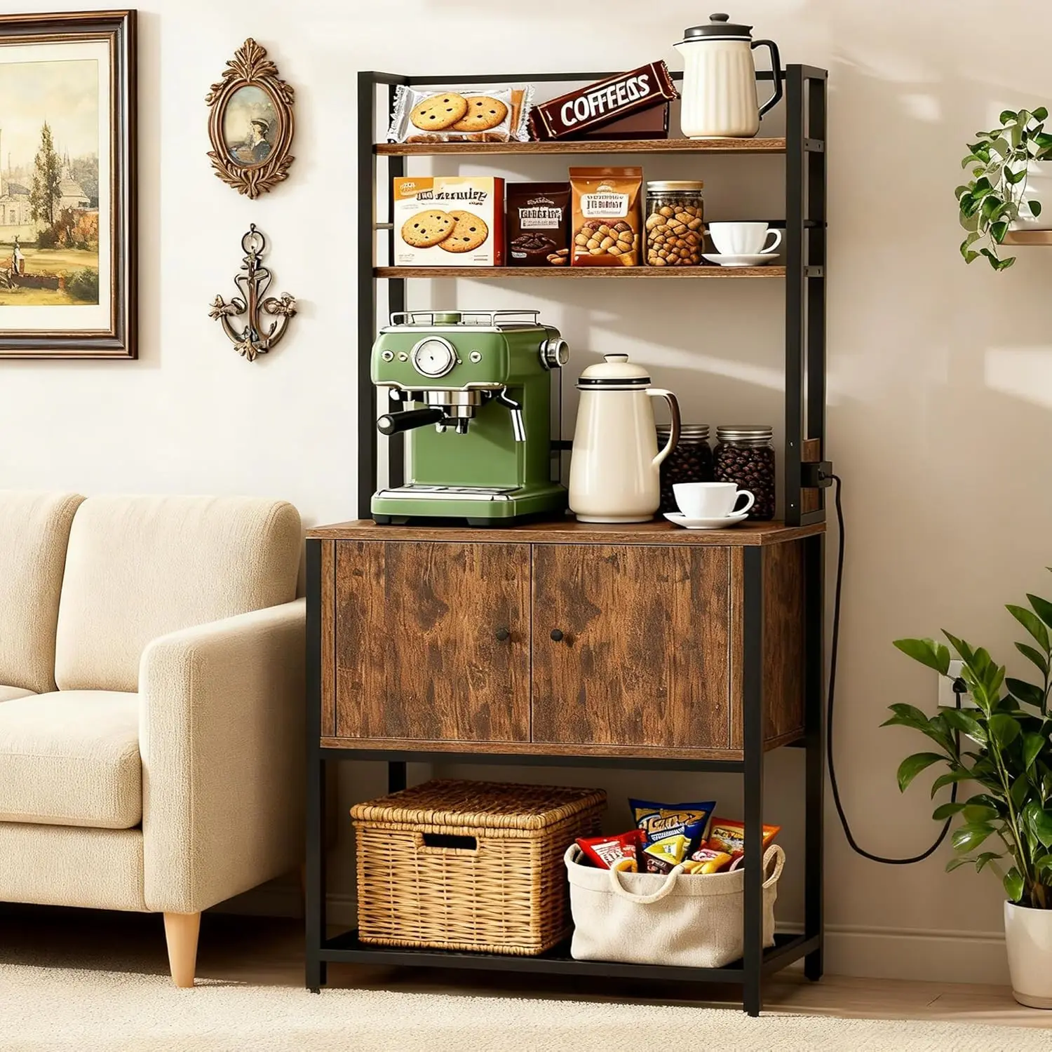 

Kitchen Bakers Rack with Power Outlet, 5 Tiers Coffee Bar Table with Storage Cabinet, Microwave Oven Stand, Customized