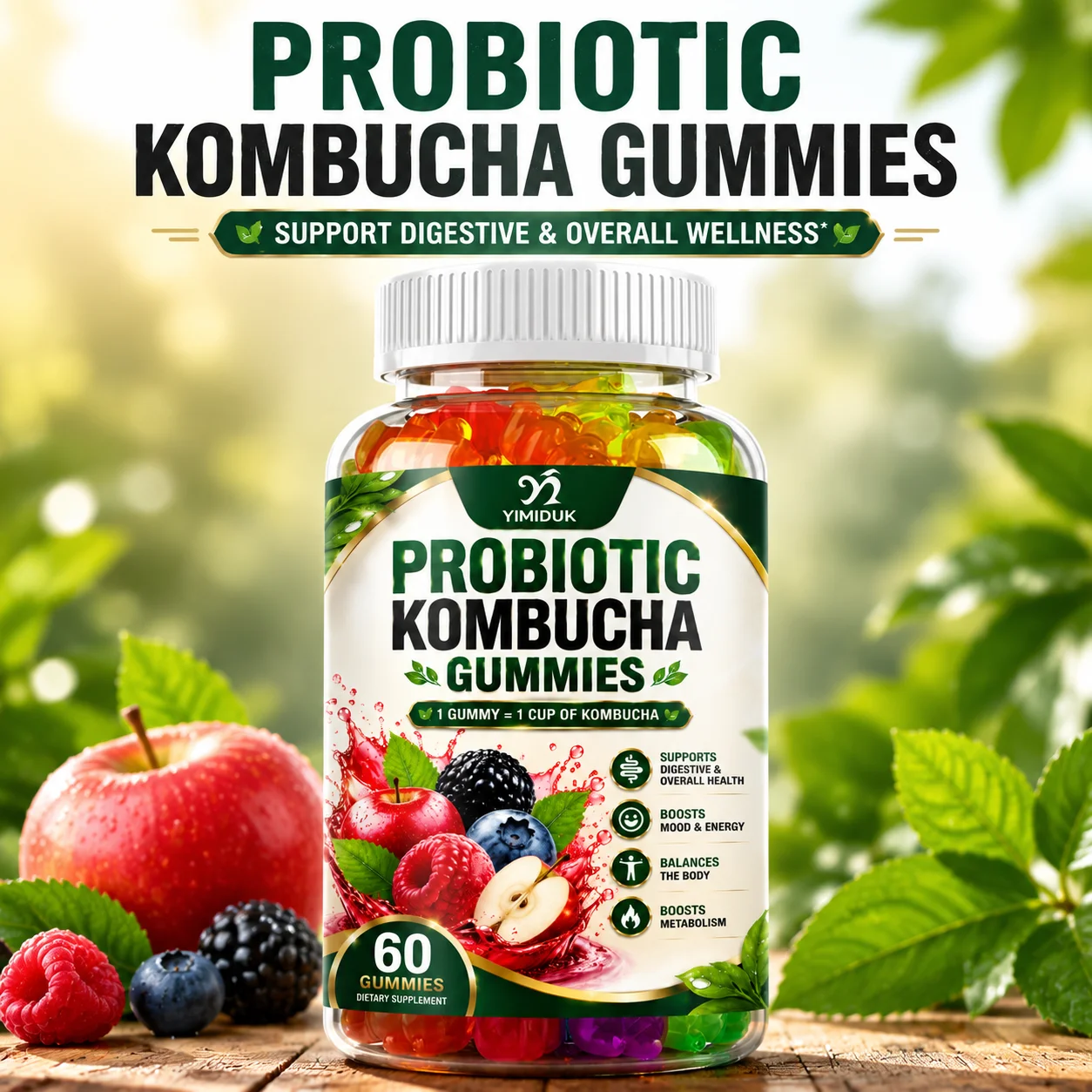 Natural Probiotic Kombucha Gummies, with Prebiotic Fiber Slippery Elm Bark, Support Relieve Stomach Bloating, Immune & Digestion