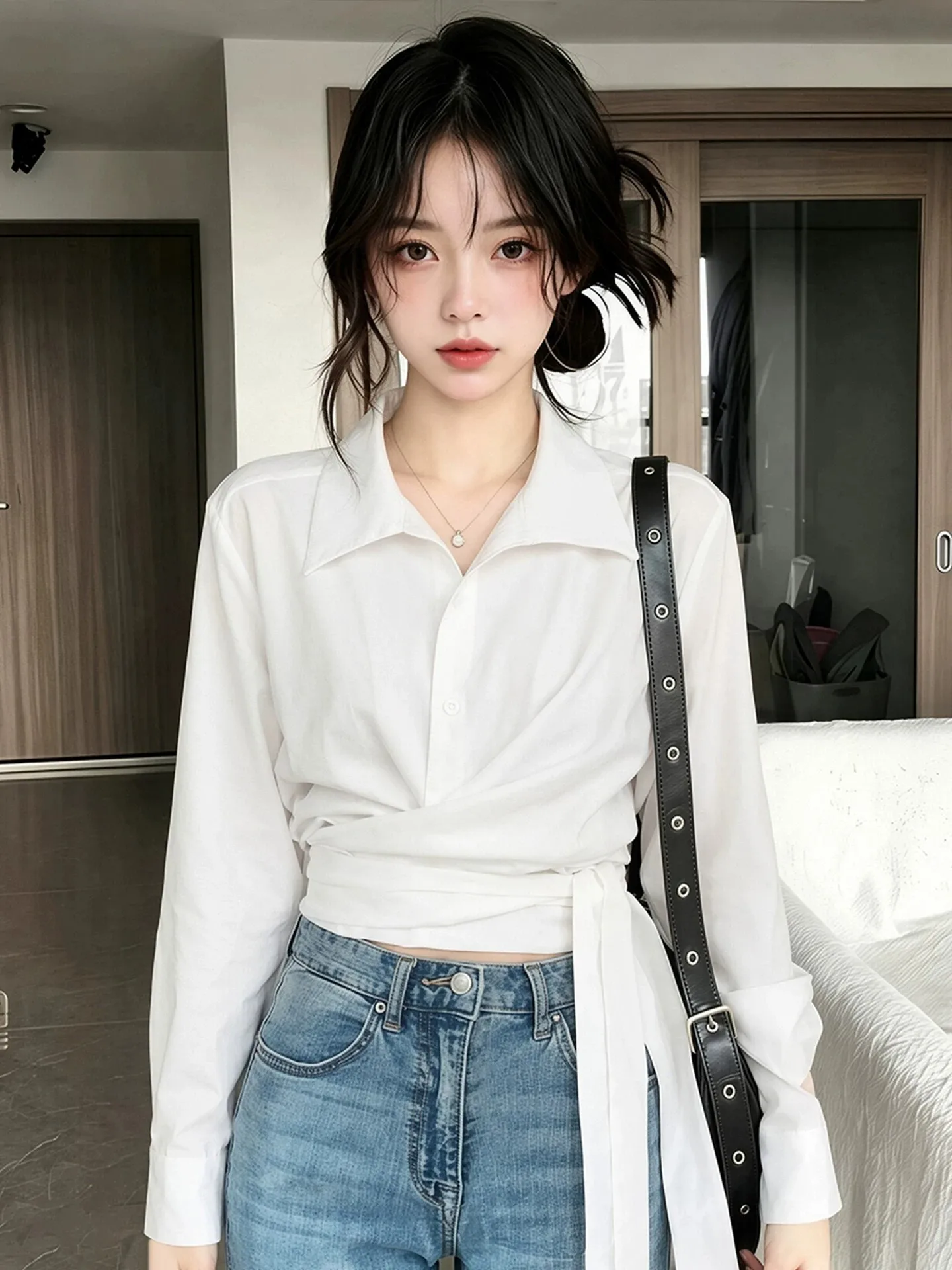 Slim Fit Short Shirt Women's French Style Belted Tie Waist Top White Color for Autumn Small Stature Thinming Effect