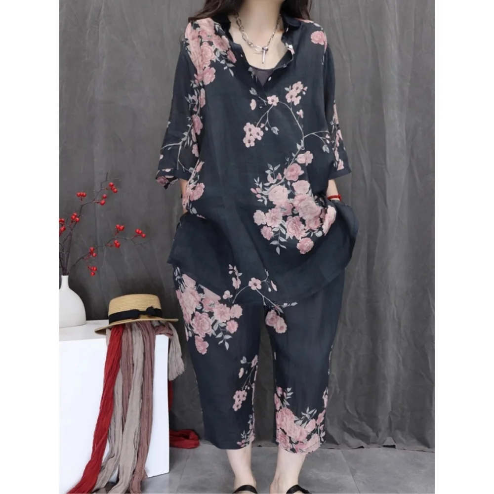 

2026 Spring Summer New Ramie Print Loose Casual Fashion Pant Set Lightweight Top + Pant Two-Piece Set XY13