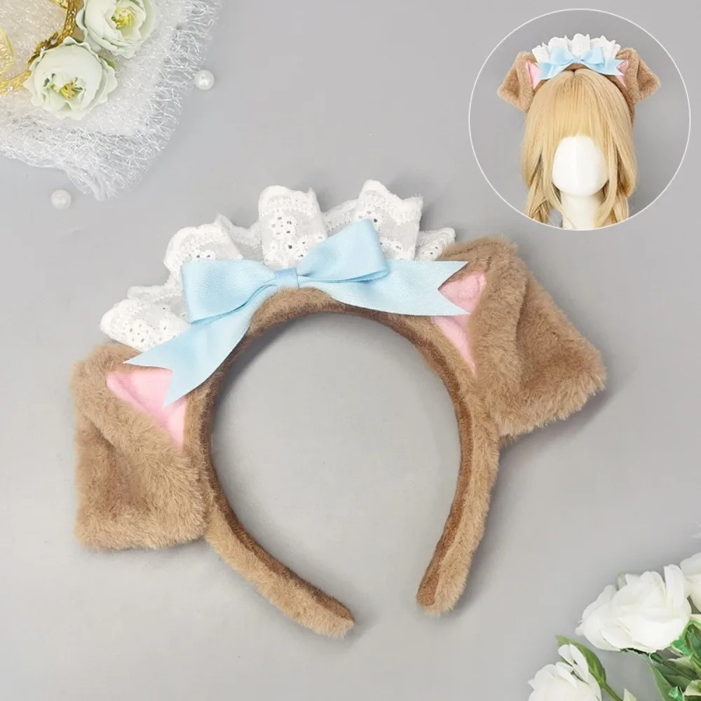 New Lolita Dog Ear Headband Fluffy Chef Cap Hair Band Lace Bow Cosplay Head Hoop Holiday Party
