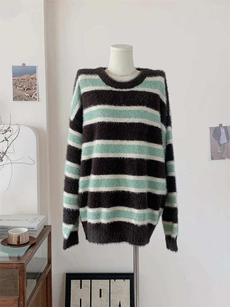 

Autumn Winter Women Korean Fashion Striped Pullovers Mohair Sweater Long Sleeve Oversize Knitwear Contrast Color 2000s Aesthetic