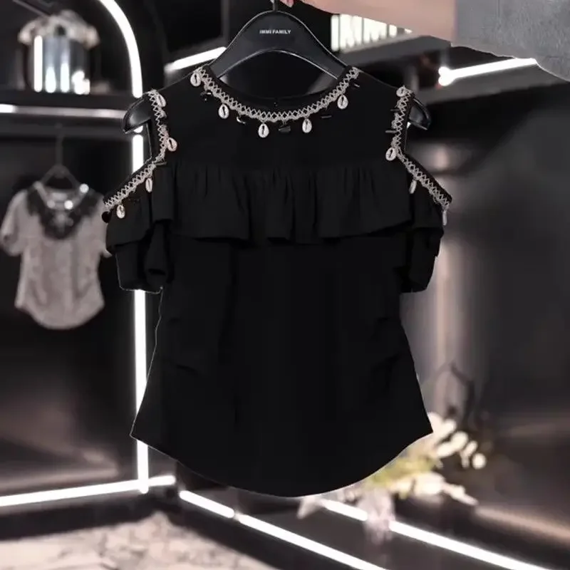 

Лето 2022, новый пуловер с французскими пайетками и рюшами, футболка с открытыми плечами и короткими рукавами для женщин