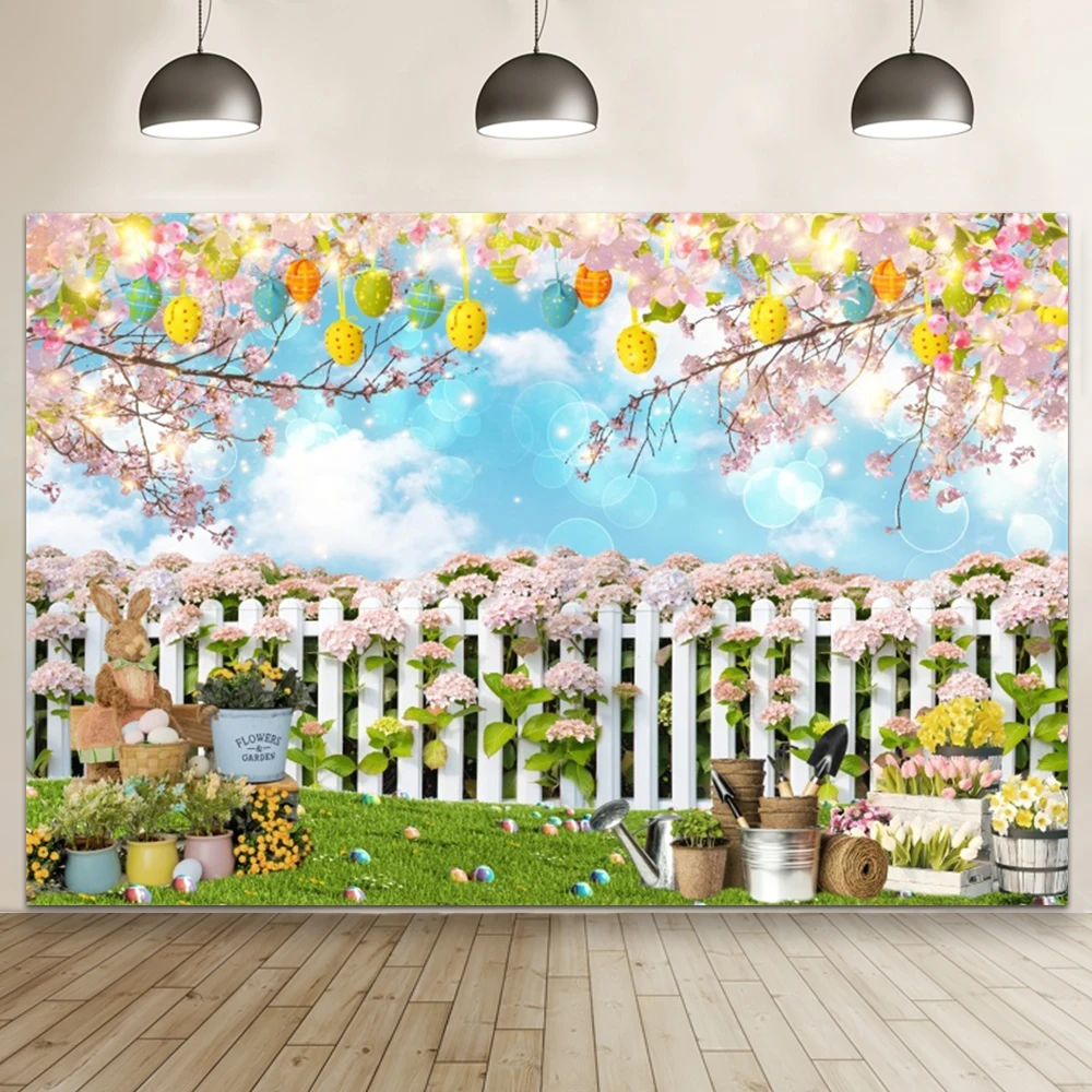 부활절 장식 정원 계란 배경 용수철 울타리 벚꽃 나무 다채로운 계란 바구니, 아이 초상화 배경 사진 스튜디오