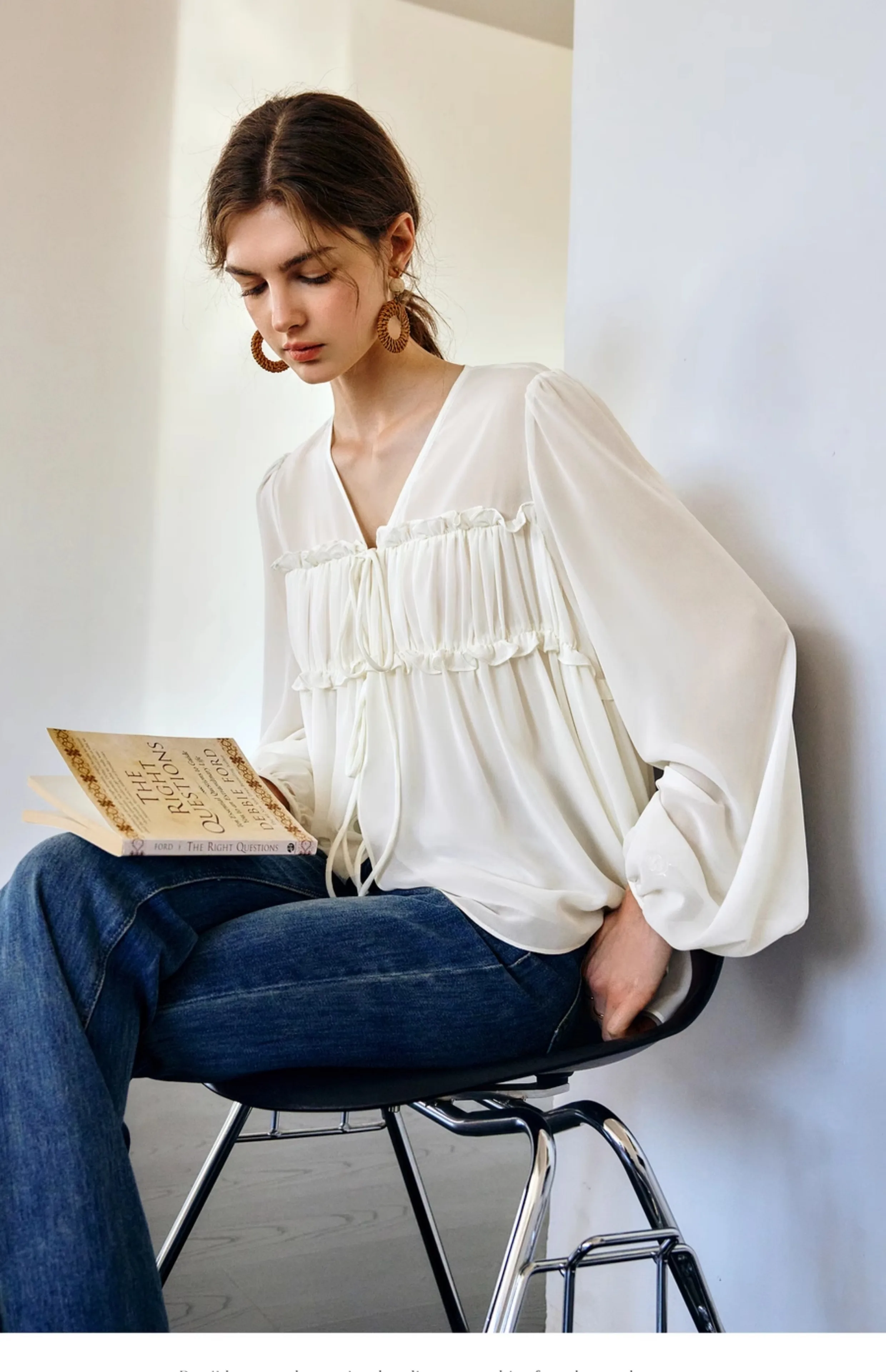 

OLrain Women's Lace-Up Fairycore Blouse Summer 2026 Elegant V-neck Long Sleeve Loose Lantern Sleeve Chiffon Shirts E57CX96295