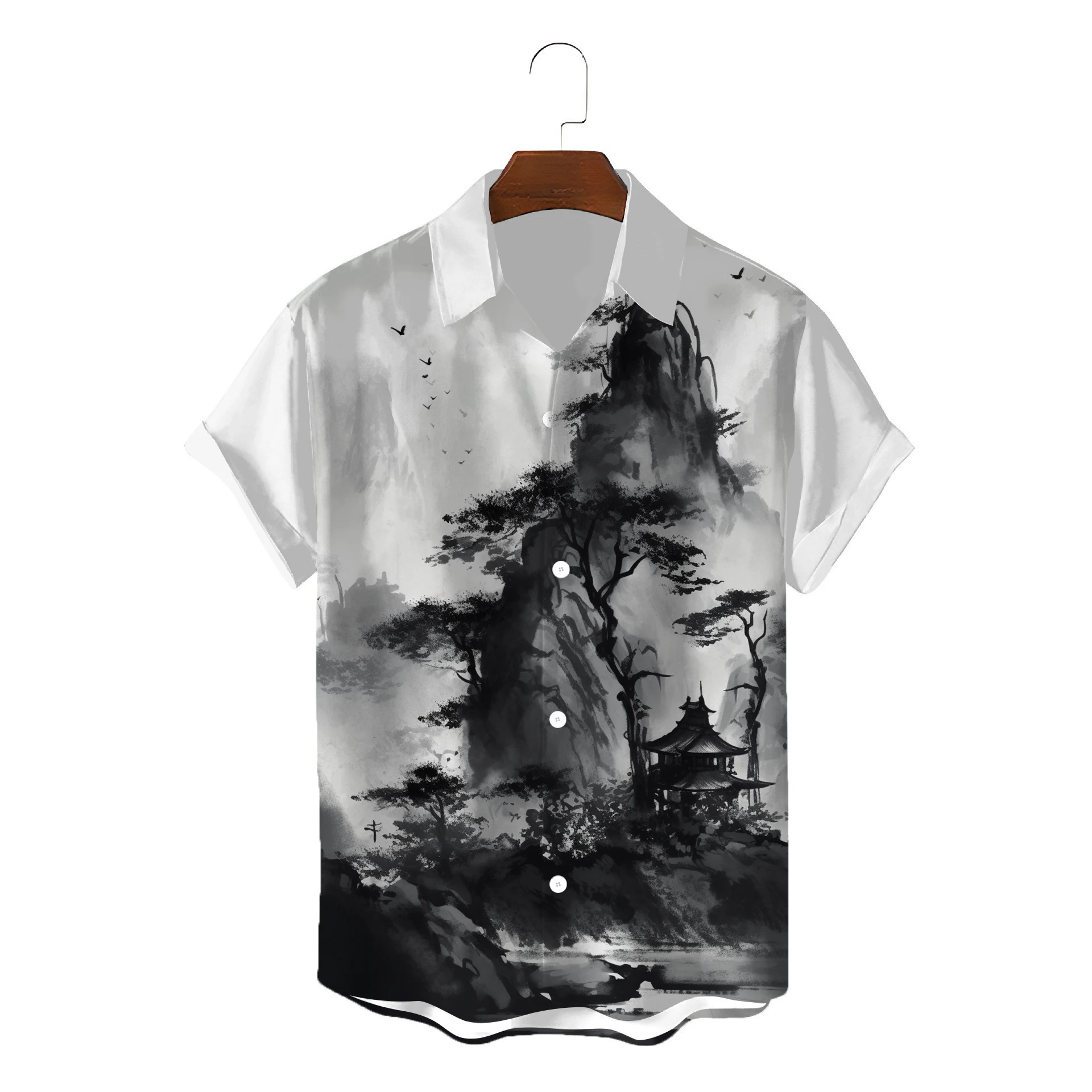 2024 summer new style mans Shirt of Ink style Landscape painting 3D Print Retro style Hawaii Beach camicia da uomo camicia con risvolto