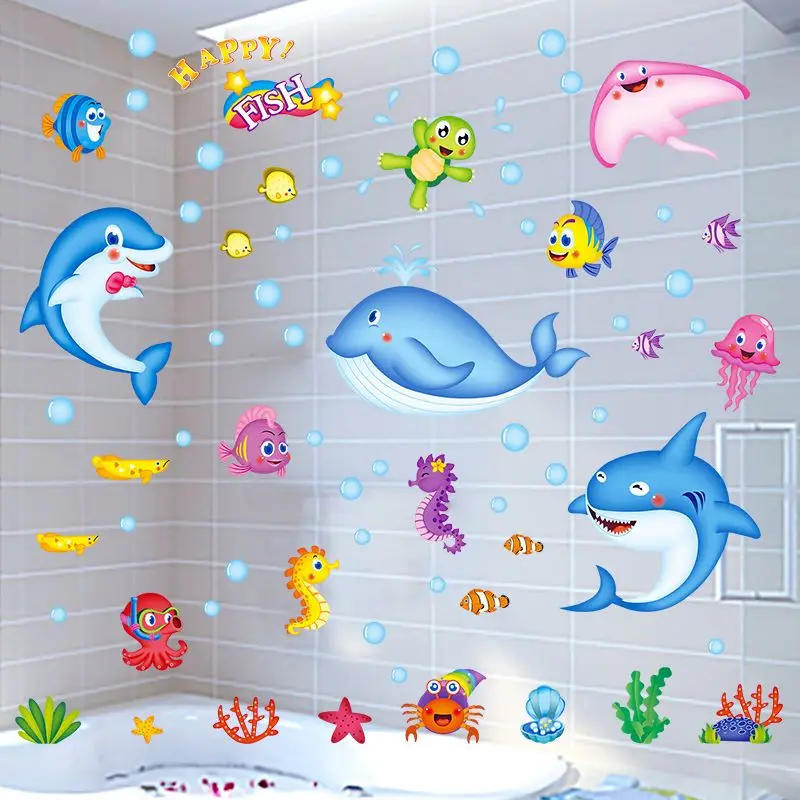 

Cartoon Ocean Stickers Bathroom Decoration Dolphin Stickers Waterproof Swimming Pool Children's Room Cute Wallpaper