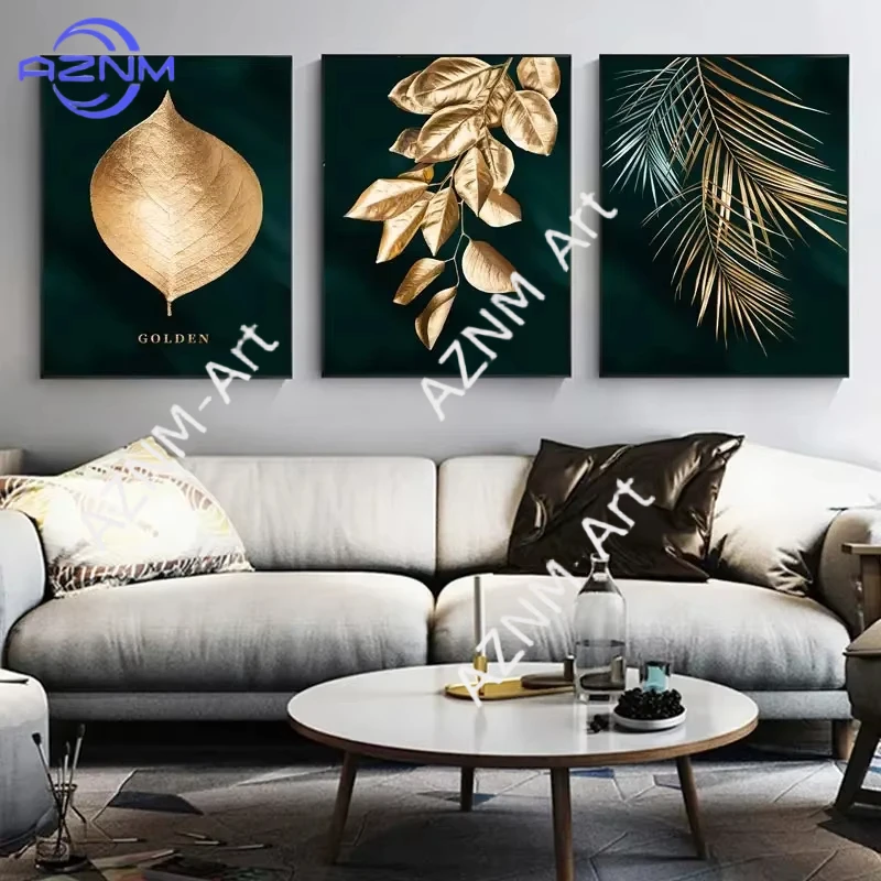 1/3 Stück Nordische Minimalistische Gold-Schwarze Blatt-Leinwandbilder Wandkunst Poster und Drucke Moderne Luxus-Heimdekoration für Schlafzimmer