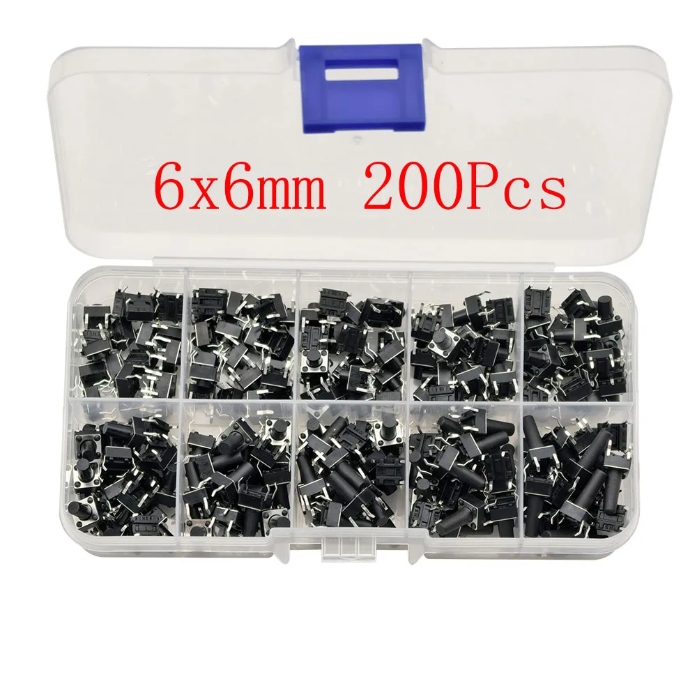 200Pcs 6x6mm Tact Switch Tactile Push Button Switch Kit 6*6*4.3/5/6/7/8/9/10/11/12/13mm 4 Pin PCB Momentary Switches