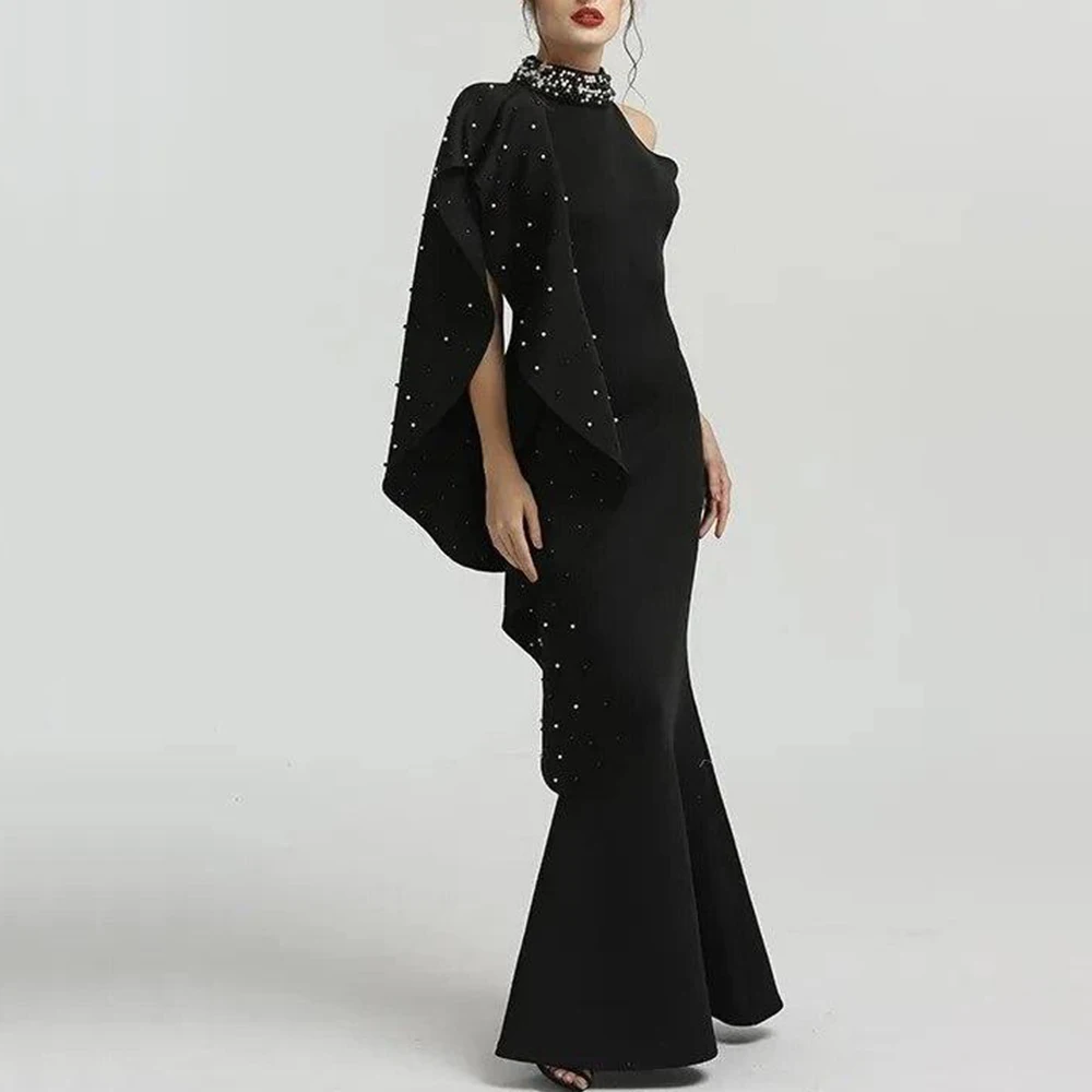 

Flechazo High Neck One Shoulder Evening Dress Classic Black Mermaid Floor Length with Beading Women Party Banquet Gowns Custom